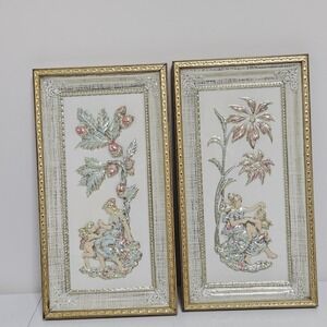 Four Seasons‎ Impressed Artwork Summer and Winter Rose Cherub Metalcraft Vintage